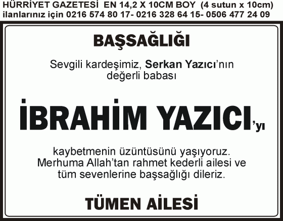 4sutun_10cm_başsağlığı ilanı örneği ibrahim yazıcı için tümen ailesi