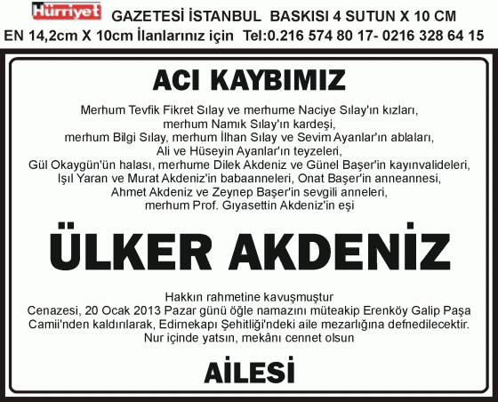 4sutun 10cm ölüm ilanı örneği hürriyet gazetesi