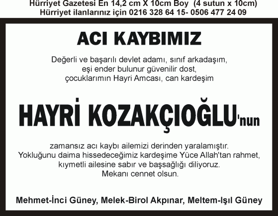 4 sutun x10 cm hürriyet başsağlığı ilanı örneği kozakçıoğlu