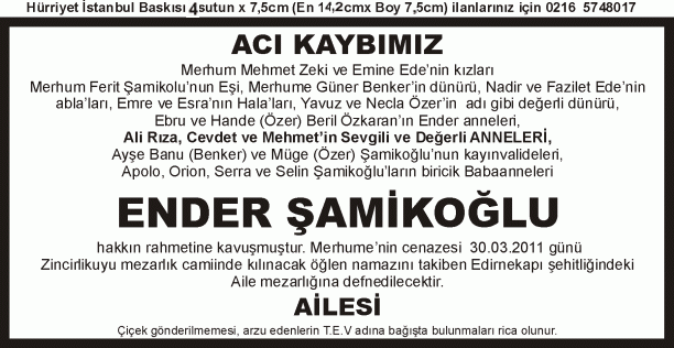 hürriyet olum ilanı 4sutun x 75mm şamikoğlu ailesi