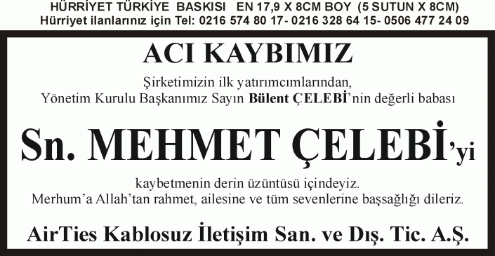 hürriyet Türkiye baskısı başsağlığı ilanı en 18cm x boy 8cm